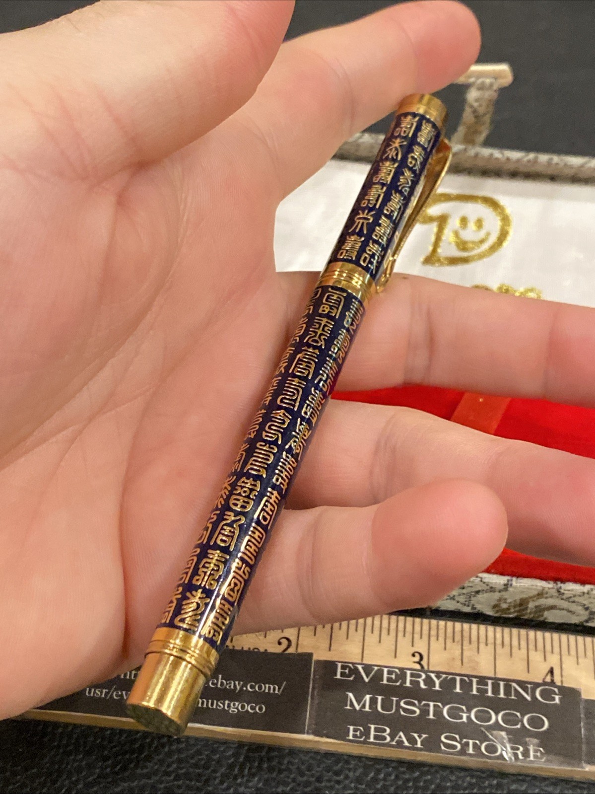Vtg Chinese China Taraku Ballpoint Chinese Poem Lettering Gold Tone Pocket Clip