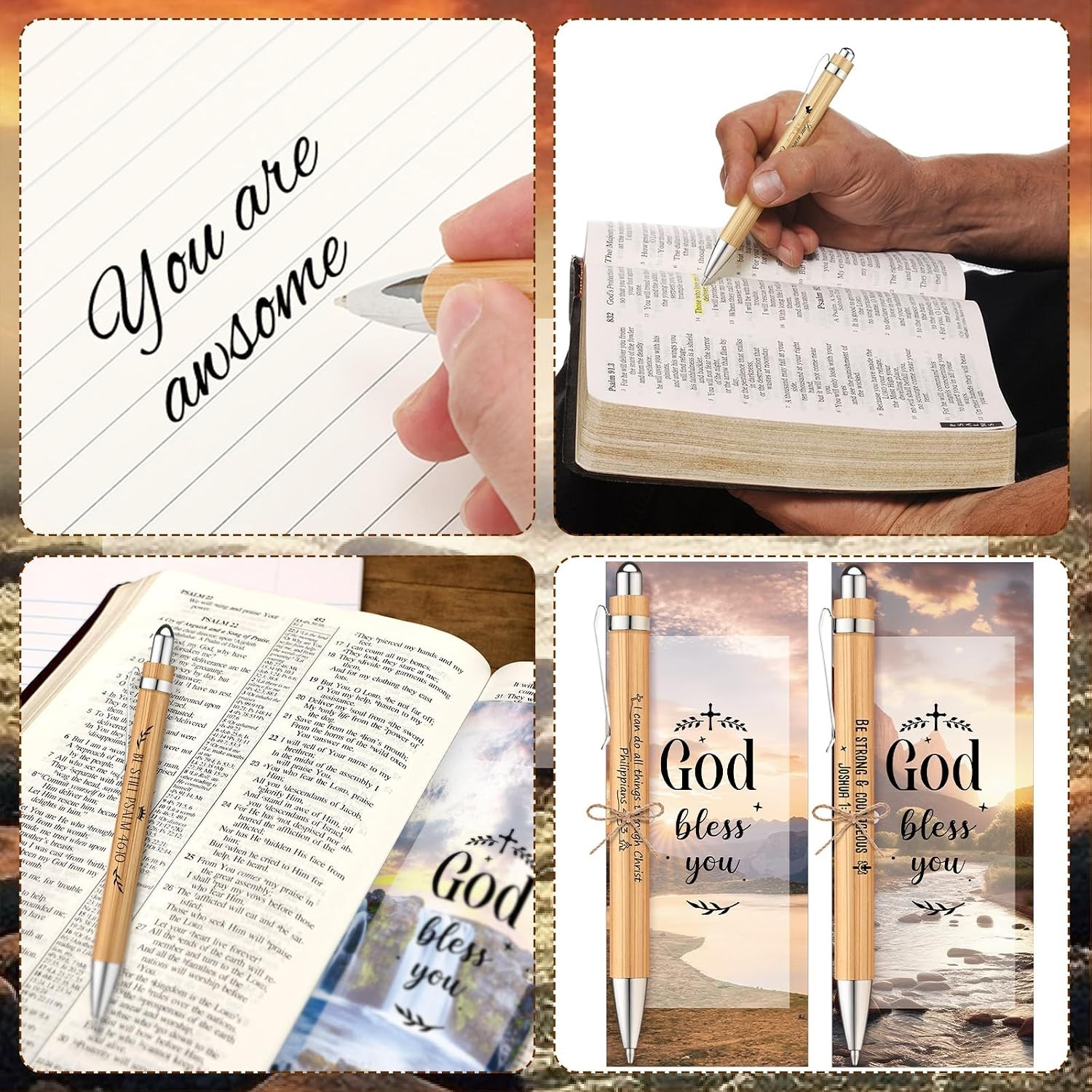 50 Set Bible Verse Bamboo Pens & Bookmarks – Christian Gifts Bulk