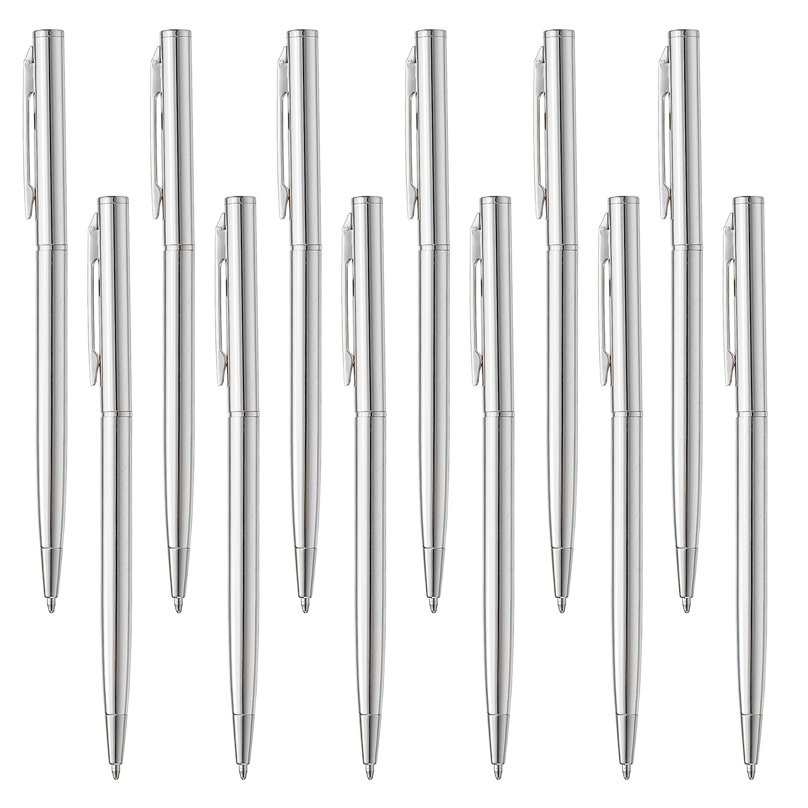 12 Pack Slim Metallic Ballpoint Pen Writing Pens with Clips Style 1 Silver