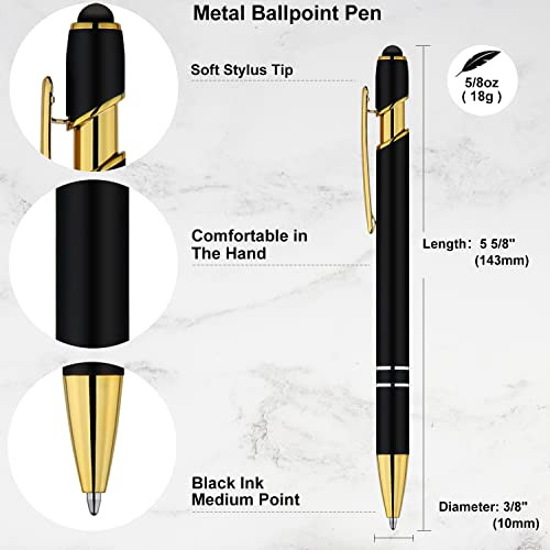 12 Pack Black Gold Ballpoint Pen with Stylus Tip, 1.0 mm Black Ink Smooth