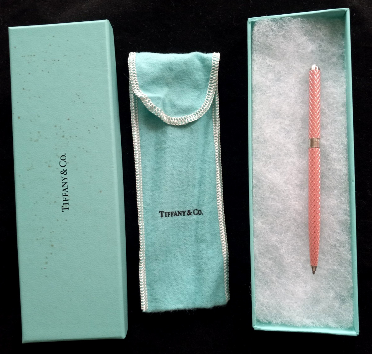 TIFFANY & CO STERLING SILVER & PINK ENAMEL BALLPOINT PEN WITH BOX & POUCH