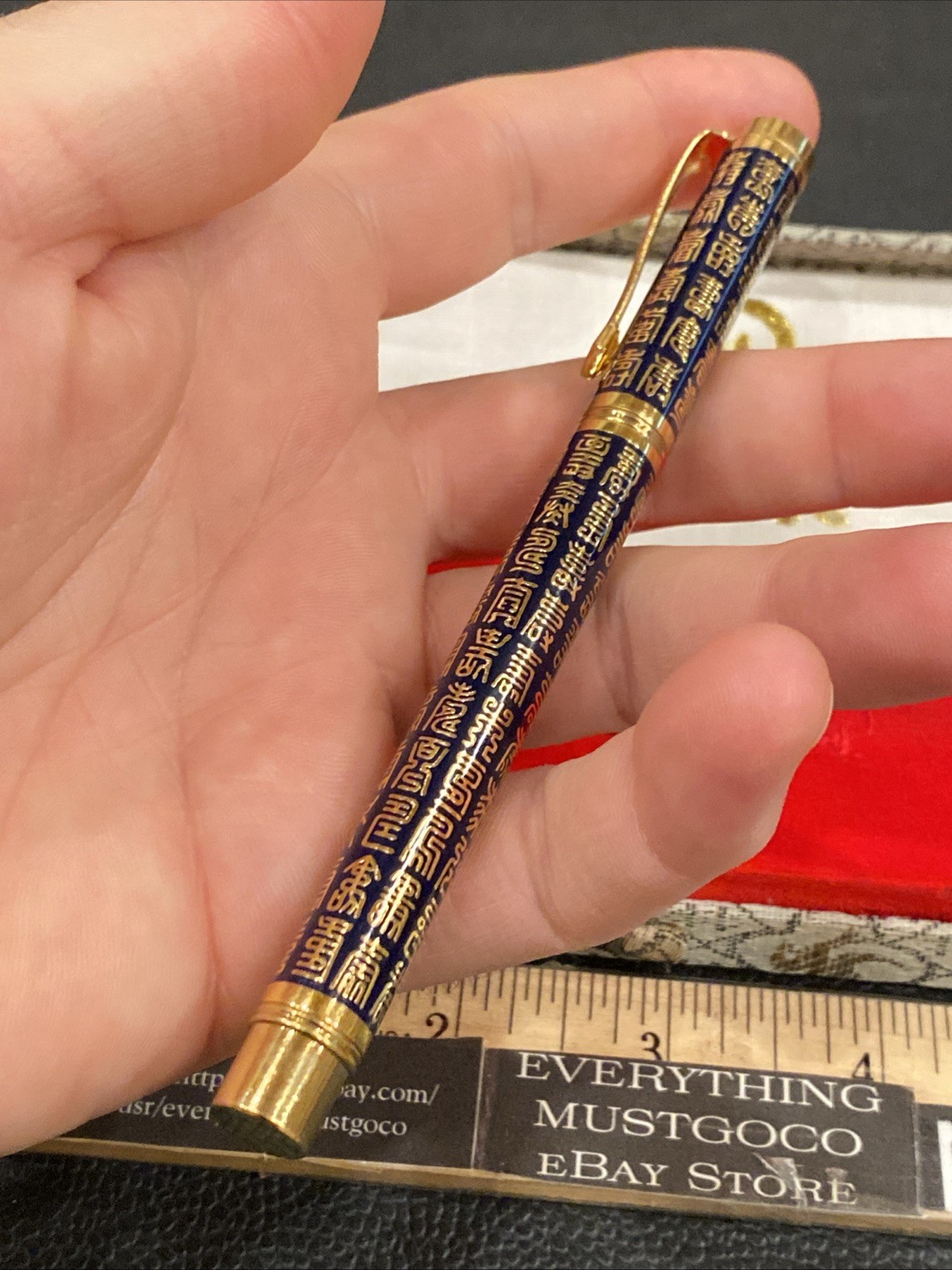 Vtg Chinese China Taraku Ballpoint Chinese Poem Lettering Gold Tone Pocket Clip