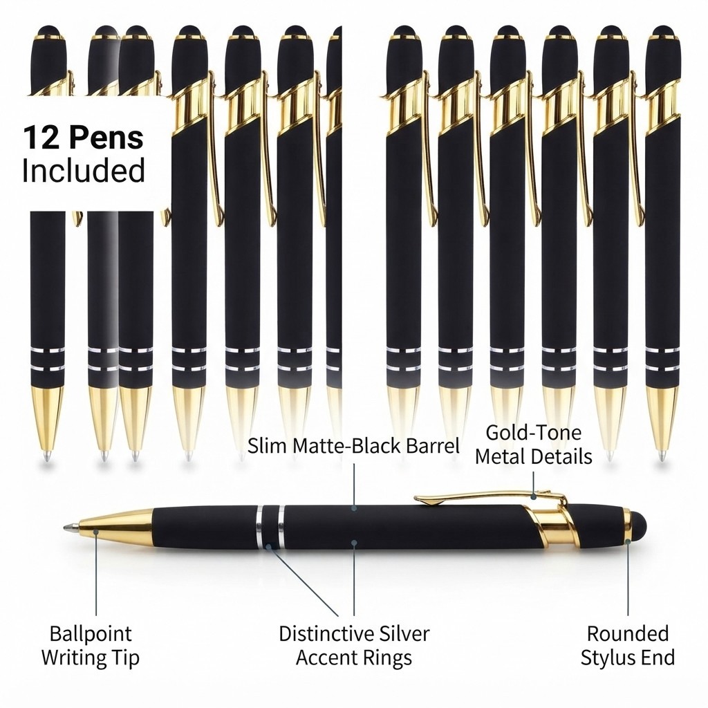 Black Gold Stylus Ballpoint Pens 1.0mm Black Ink Retractable Metal Touch Pen