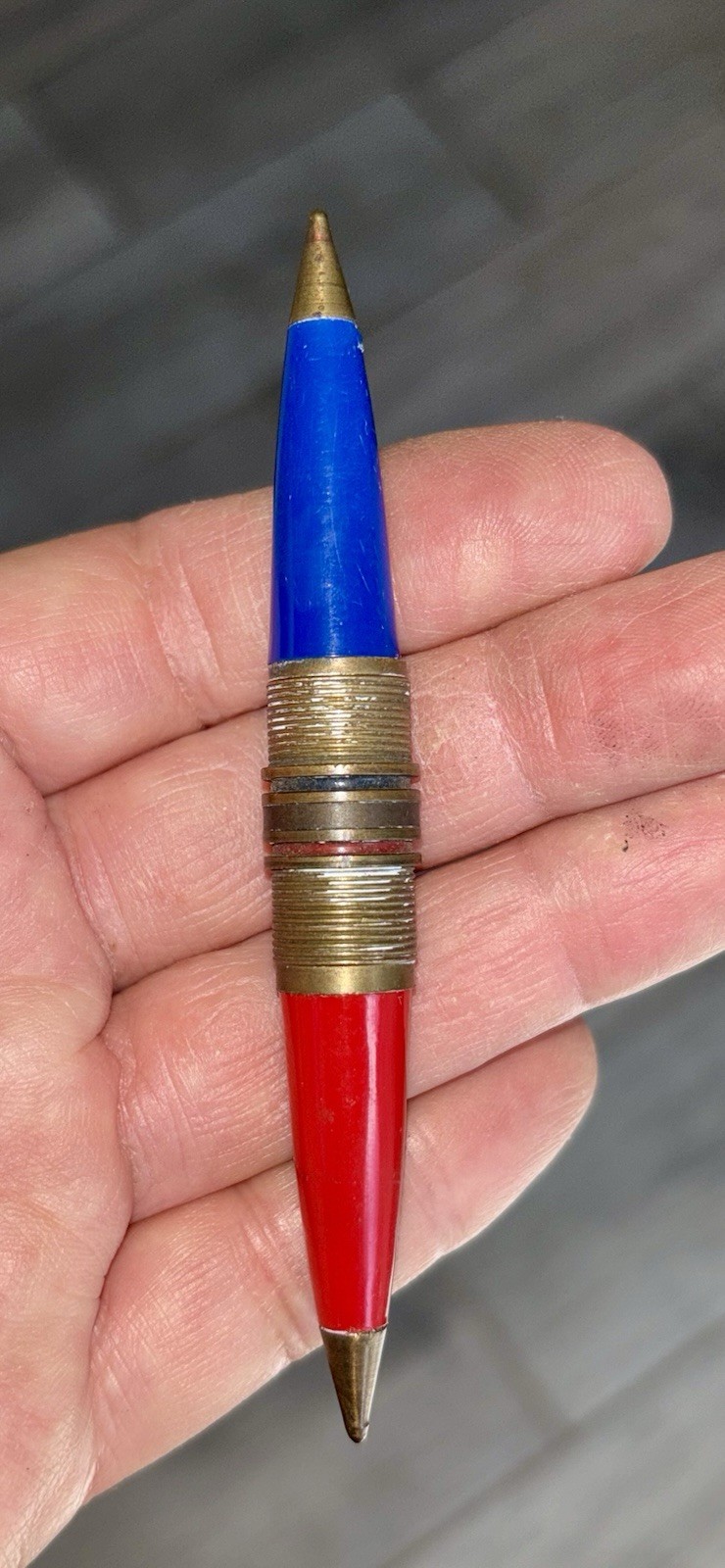 Vintage Dual Color Ballpoint Pen Metal Caps Blue Red Ink Removable Collectible