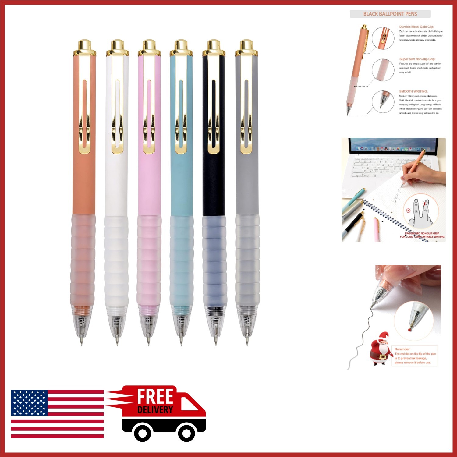 6 Count Retractable Ballpoint Pens with Non-slip Grip and Gold Clip for Office