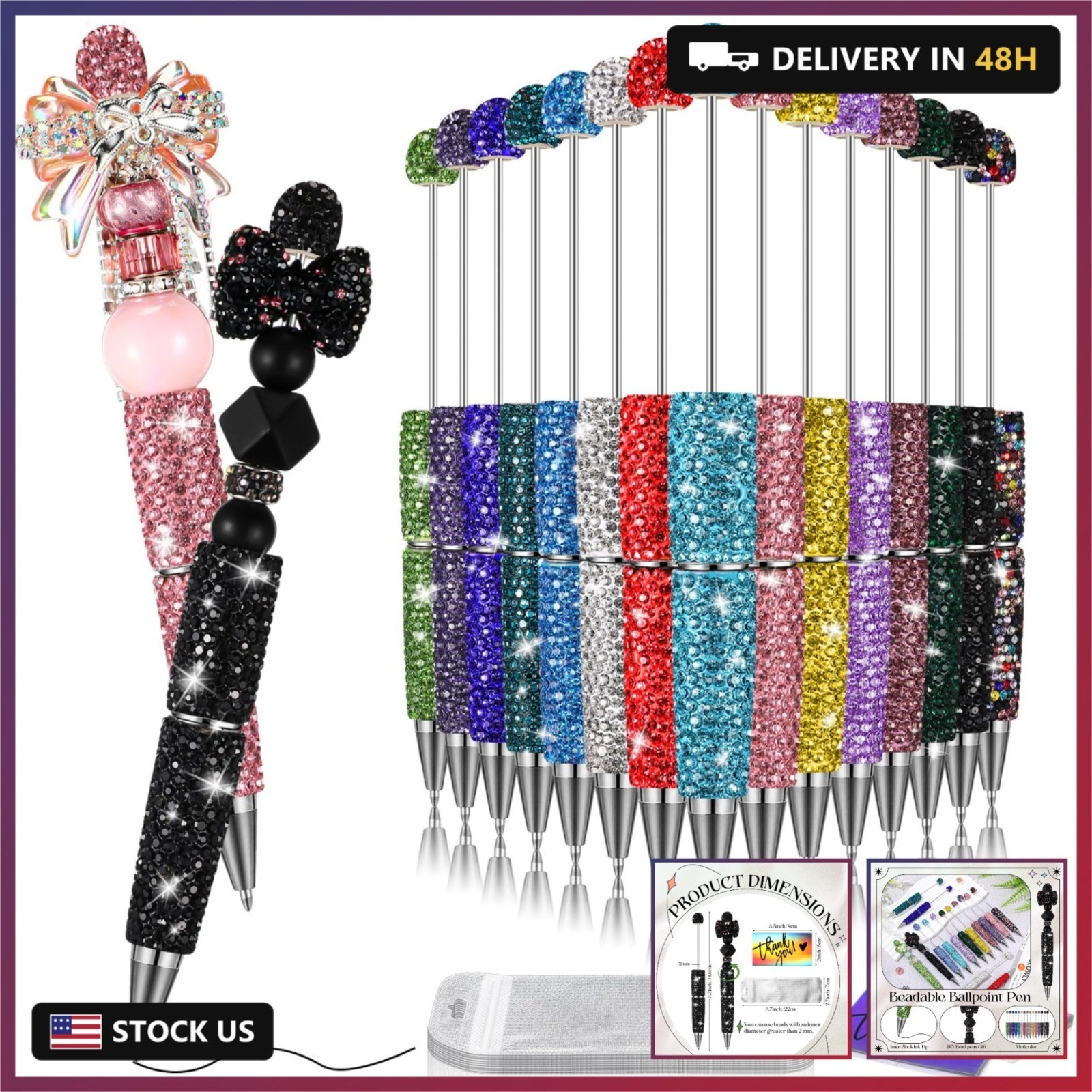 Tondiamo 45 Pcs Full Rhinestone Beadable Pens Bulk Set 15 Glitter Diamond Pens w