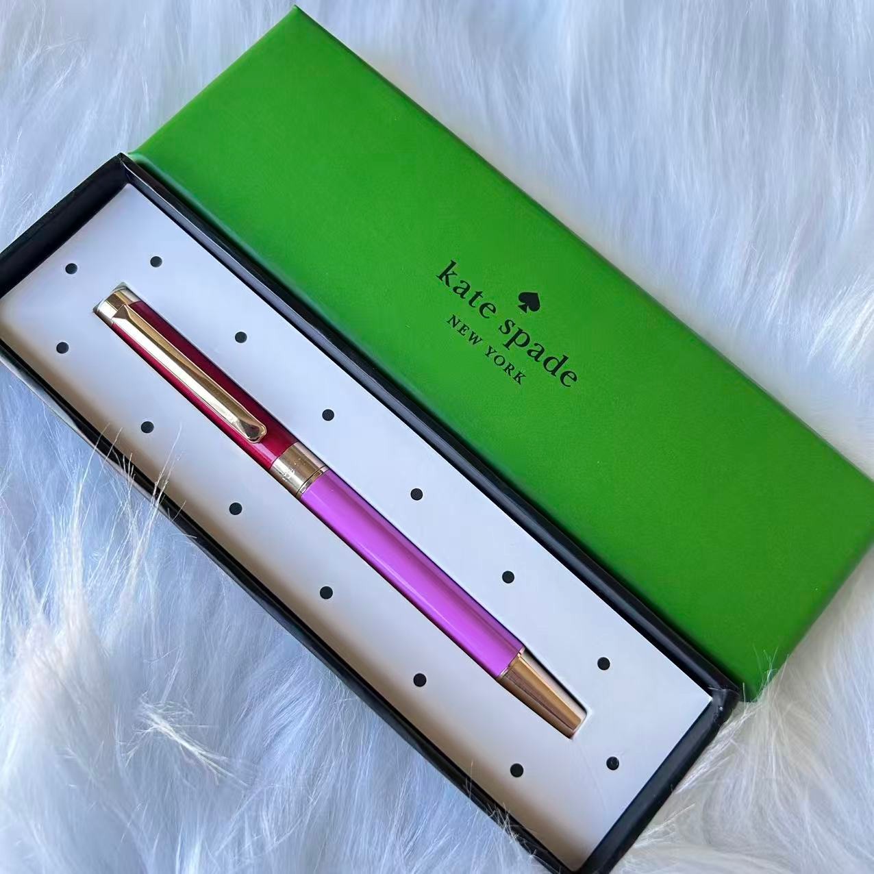 New Kate Spade New York Red & Pink Colorblock Ballpoint Pen Black Ink Gold Trim
