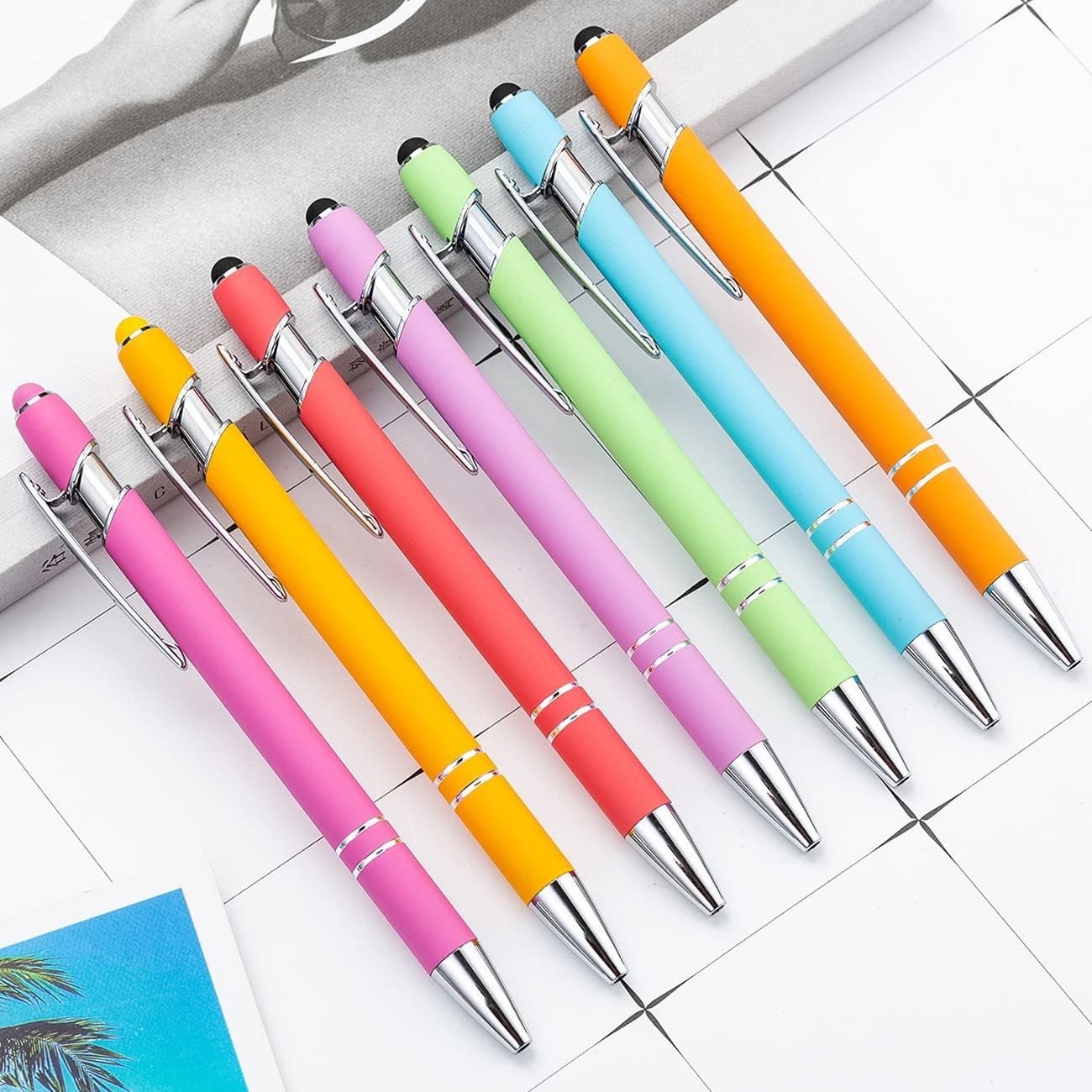 PASISIBICK 12 Pieces Rainbow Rubberized Soft Touch Ballpoint Pen with Stylus Tip