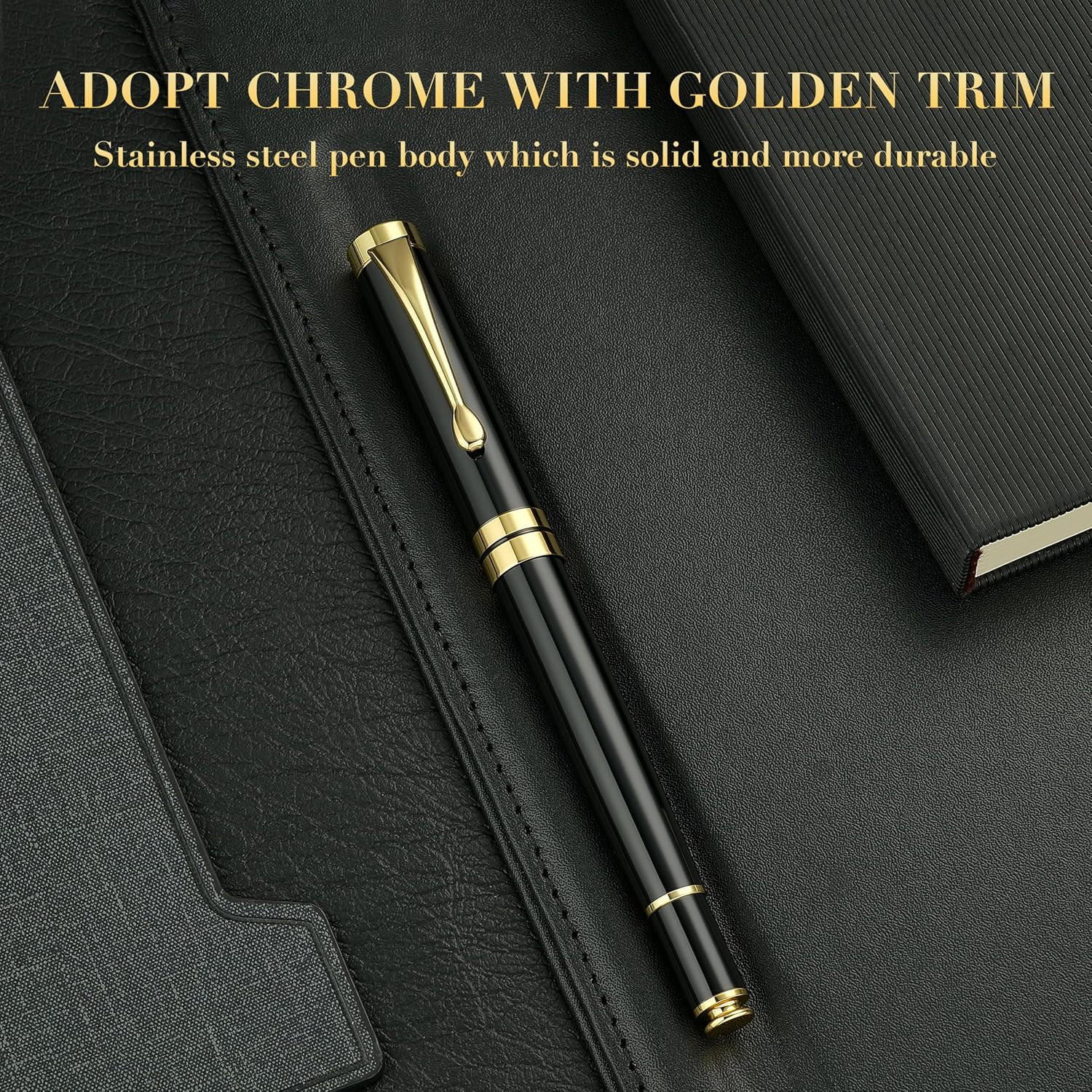 BEILUNER Ballpoint Pens, Stunning Black Chrome Metal Pen with Golden Trim, Best