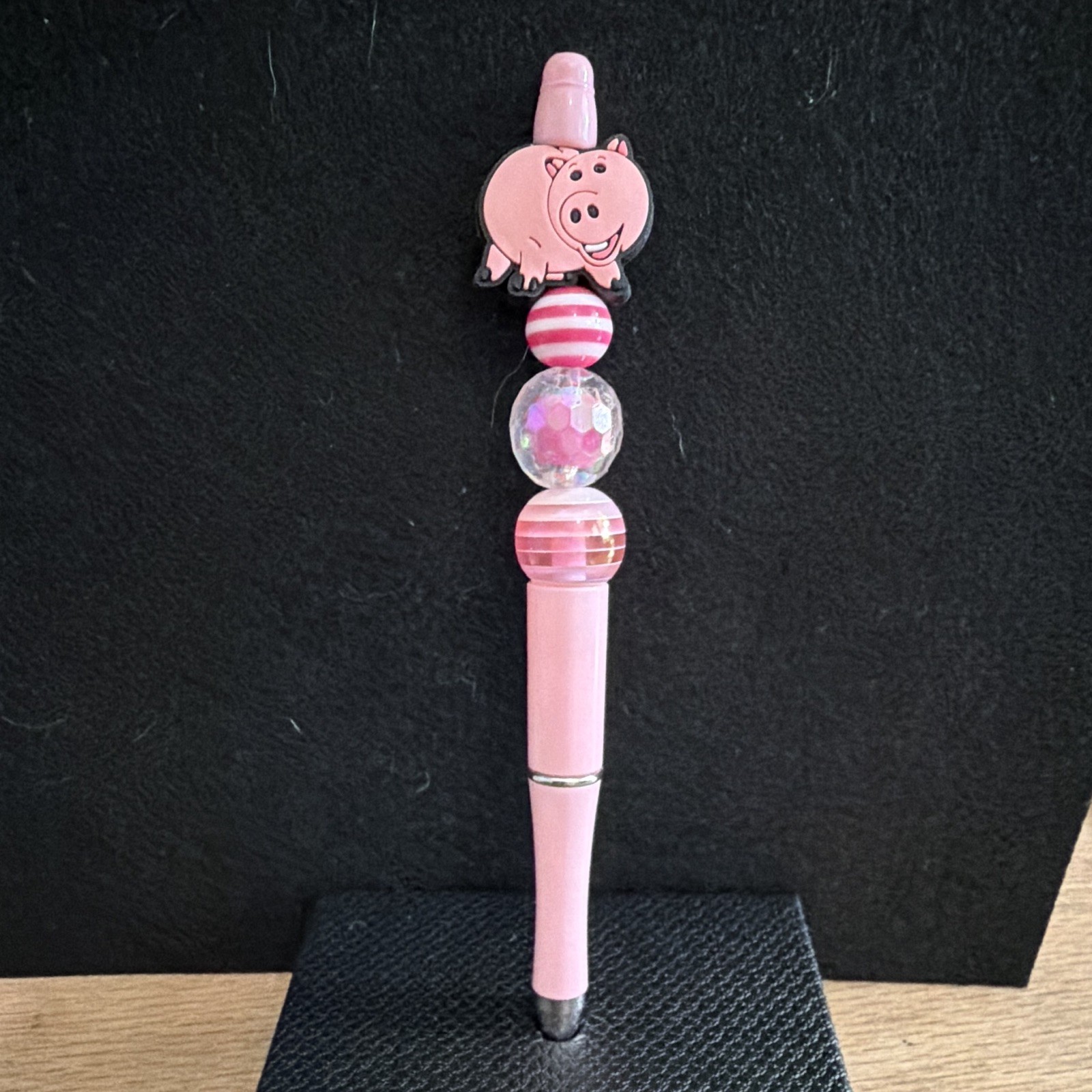 Pink Plastic Novelty Ballpoint Pen w/ Pig Topper & Beaded Accent Detail