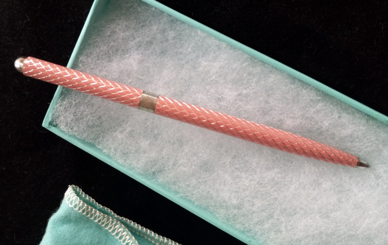 TIFFANY & CO STERLING SILVER & PINK ENAMEL BALLPOINT PEN WITH BOX & POUCH