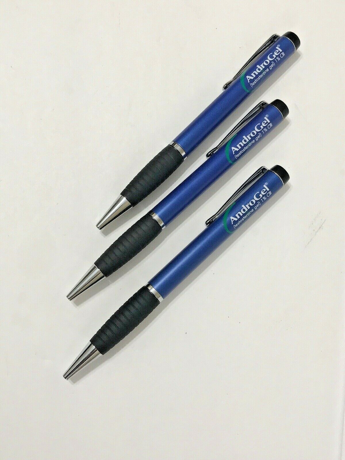 Three Metal Pharmaceutical Drug Rep Pen Pens Blue Black Twist and Write
