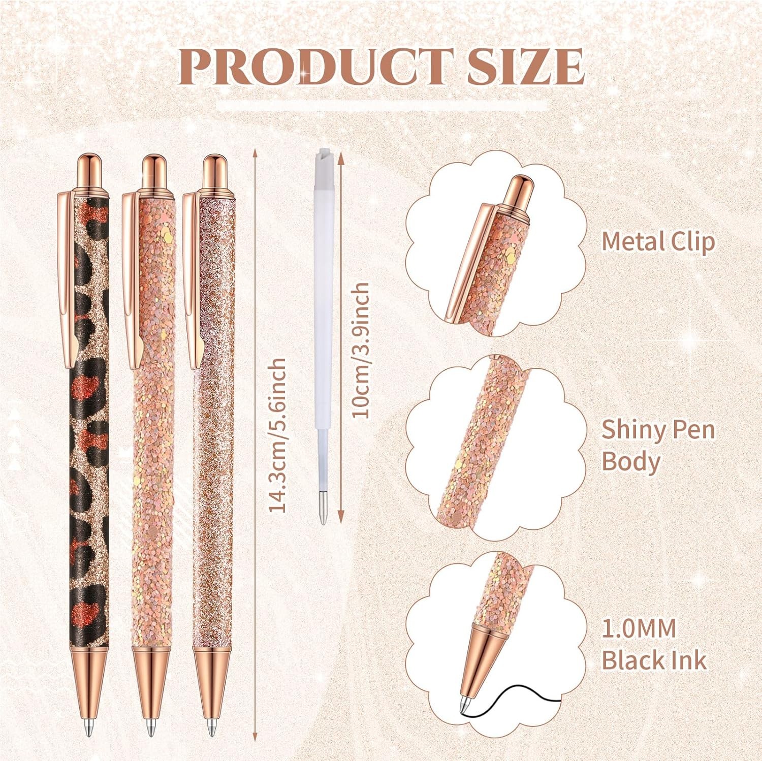 7 Pcs Fancy Pens for Women Cute Sparkly Glitter Pens with 10 Pcs Black Ink Refil