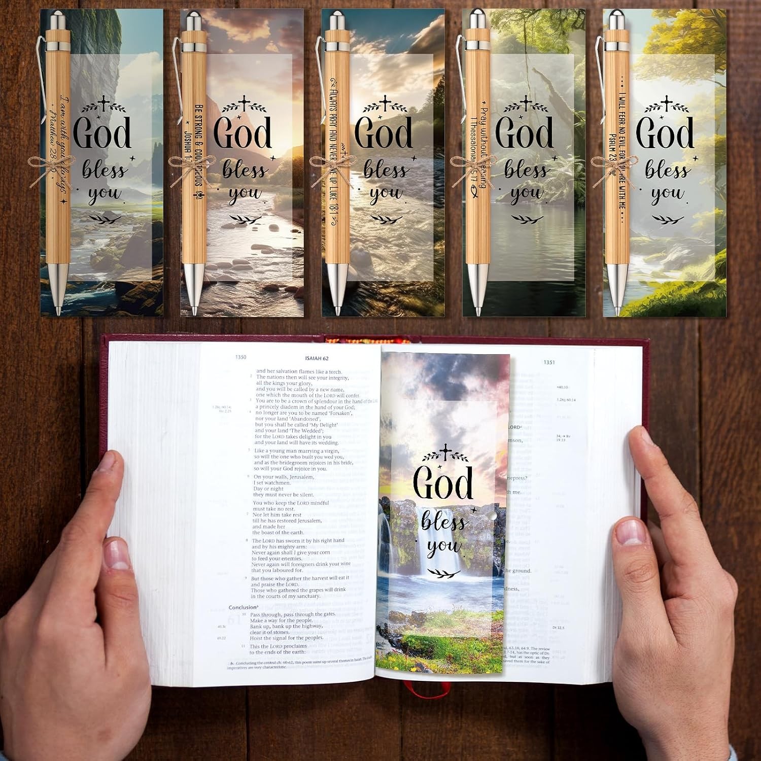 50 Set Bible Verse Bamboo Pens & Bookmarks – Christian Gifts Bulk
