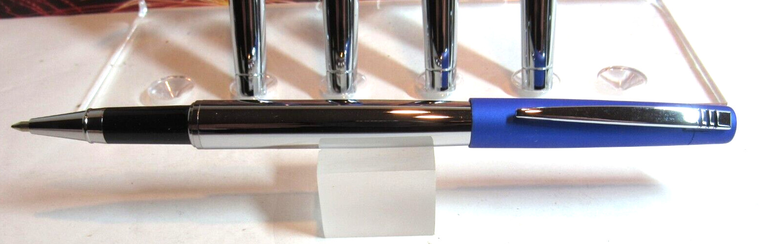 LOT OF 5 SLIM BLUE/CHROME Metal Rollerball Pen-lightweight, cap posts