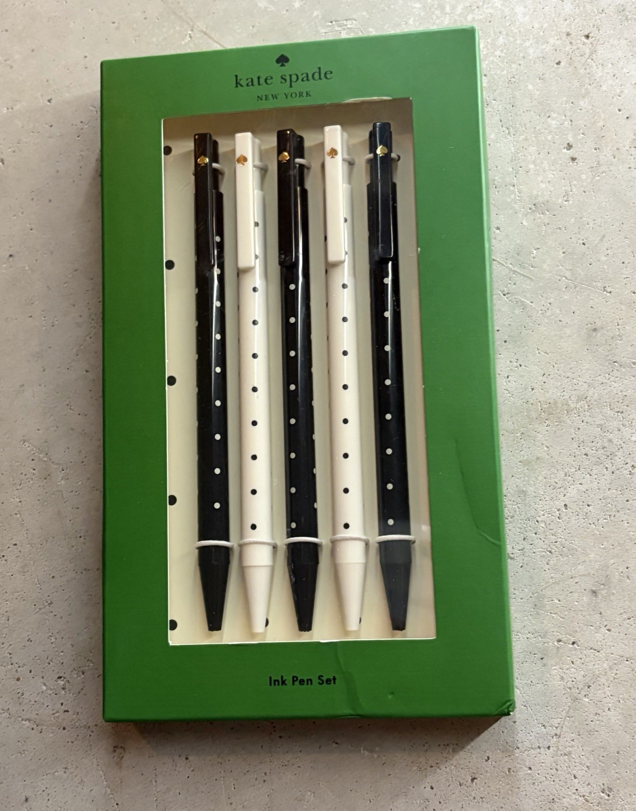 Kate Spade New York Ink Pen Set 5 Pack Black White Polka Dot Gold Spade NIB