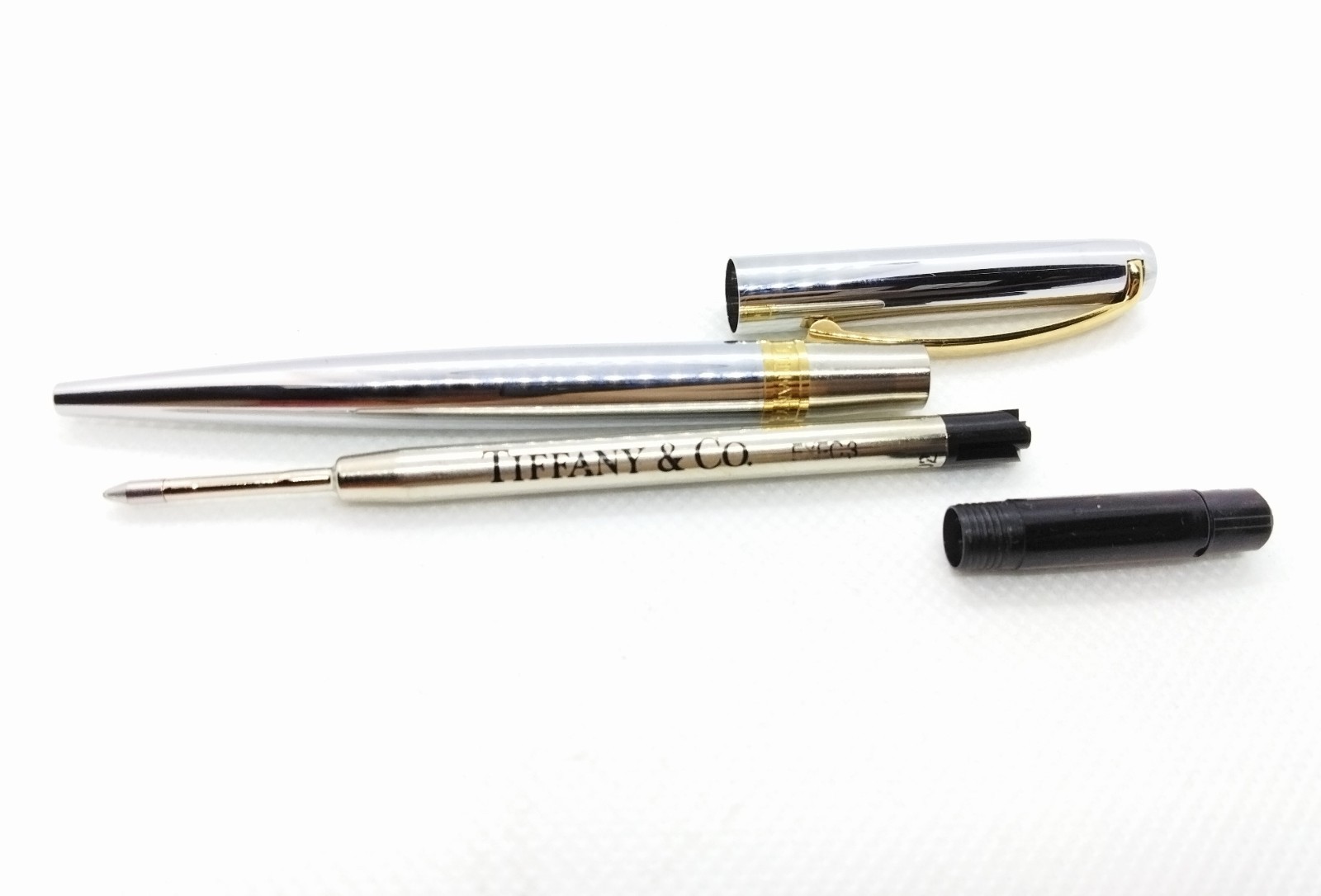 Tiffany & Co. Germany Silver & Gold T Clip Ballpoint Blue Ink Pen W Box Dust Bag