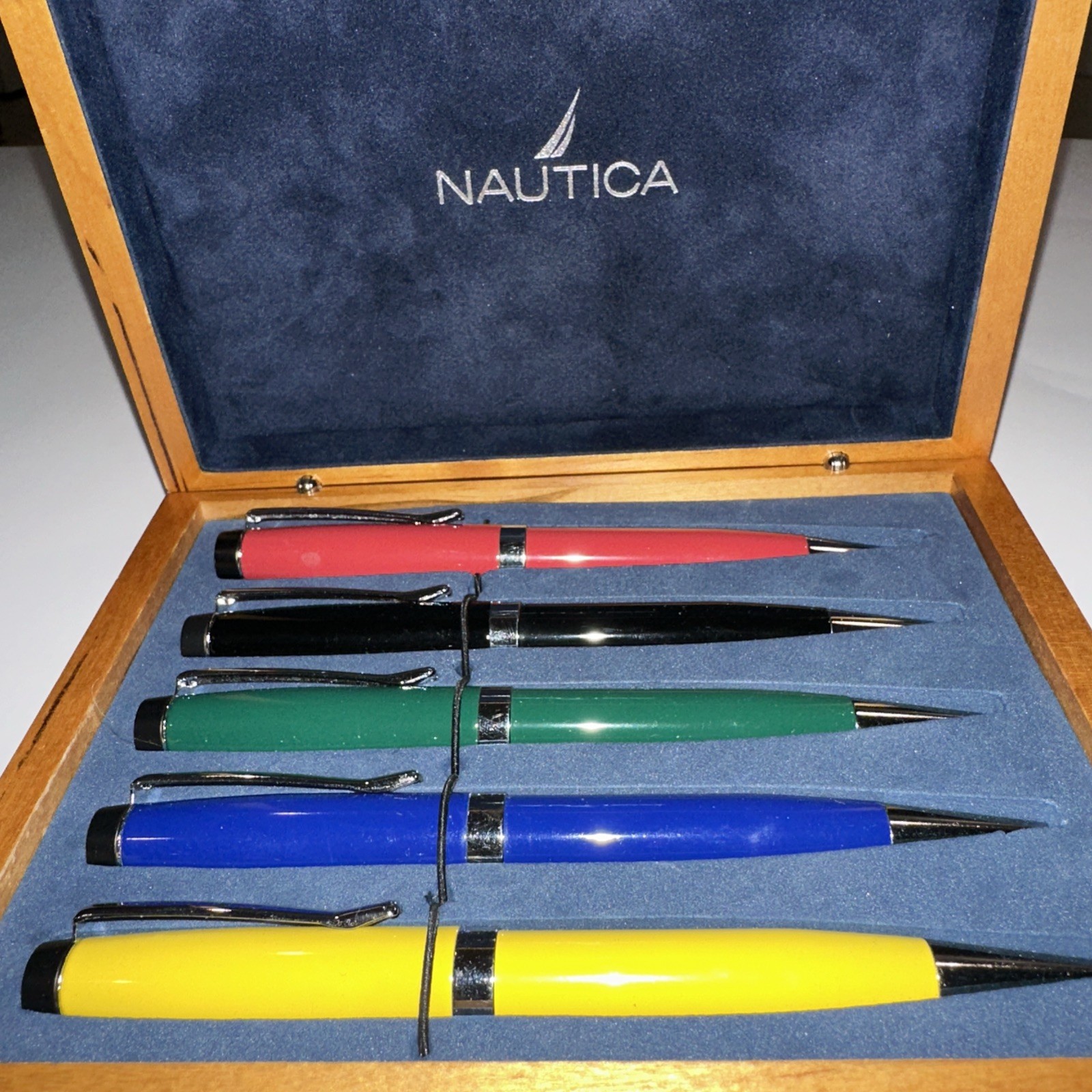 NAUTICA Set of 5 Ballpoint Pens w/ Wood Box- Red, Yellow, Blue, Green, Black