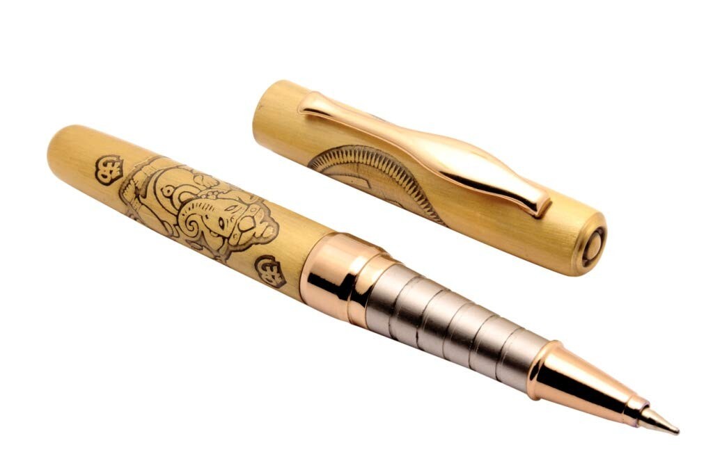 SET OF 5 Lord Ganesh & Om Engraved On Brushed Gold Body Mini Size Ballpoint Pen