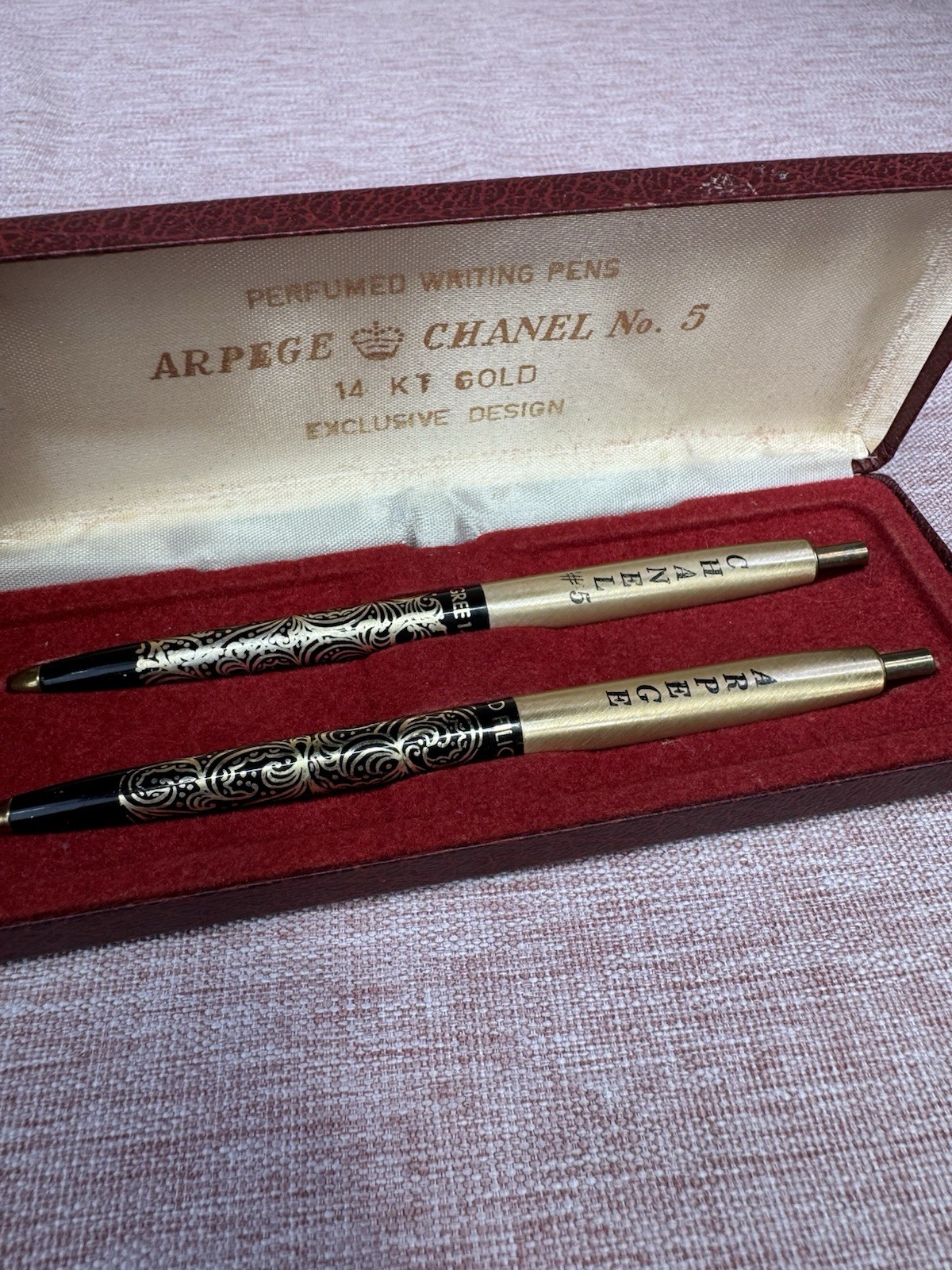 Vintage Arpege & Channel No. 5 Perfumed Writing Pens 14k Gold Filigree Set