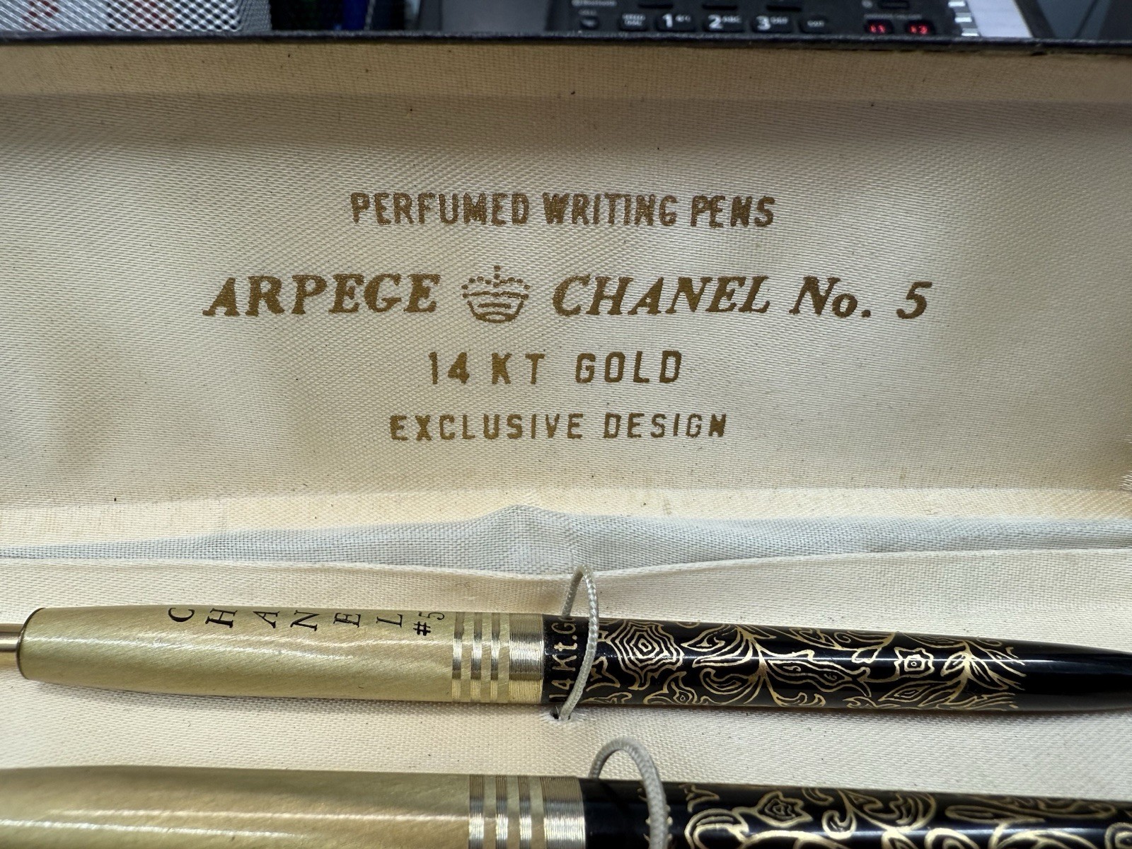 Arpege Chanel No.5 14k Gold Filigree Ballpoint Pen Set in Box Vintage