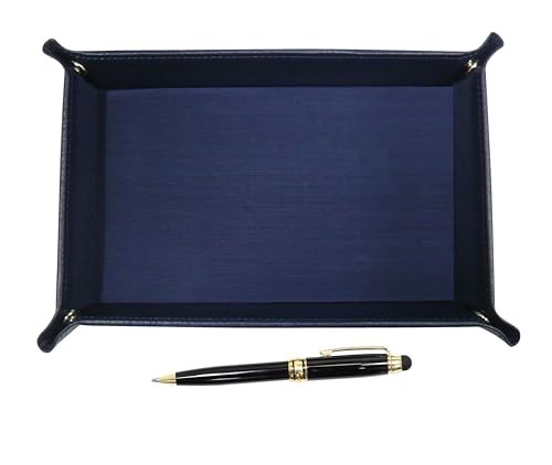 Japanese-made textured cowhide leather pen tray (blue) with smartphone touch