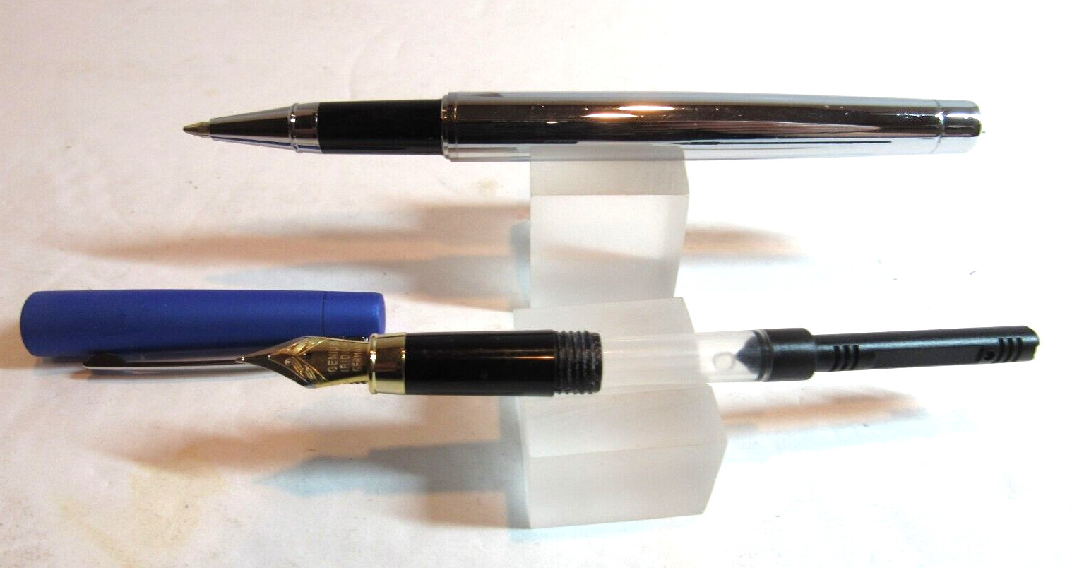 TERZETTI SLIM BLUE Metal /CT Trim Rollerball/FOUNTAIN Pen+GIFT BOX