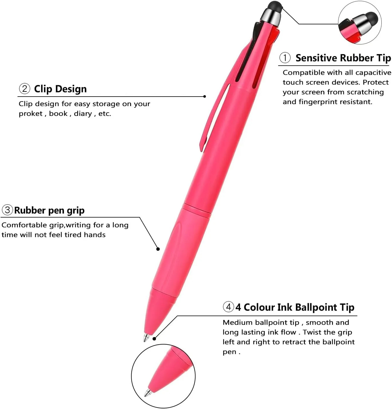 Multicolor Pen in One Multi Color Pens with Stylus Tip 4 Color Pen Nurse Accesso