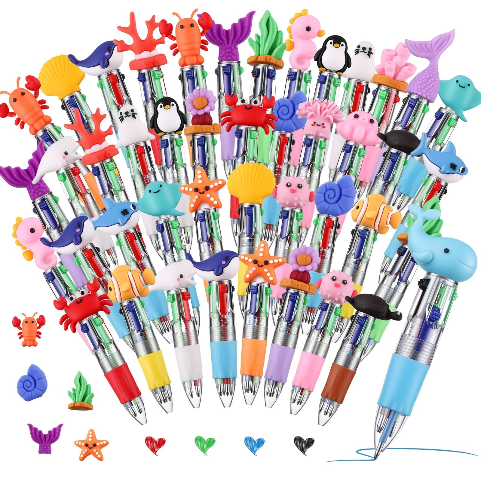 48 Pcs Ocean-Themed 4-in-1 Pens for Kids – Cute Fish & Shark Party Favors, Schoo