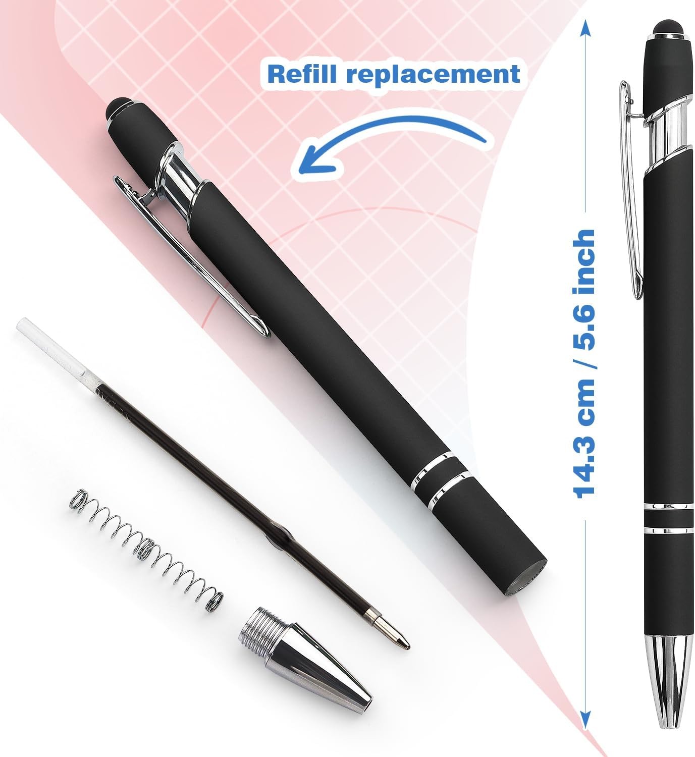 8pc Black Ballpoint Pen 2n1 Stylus-Retractable Metal Pen w/ Stylus Tip for Scree