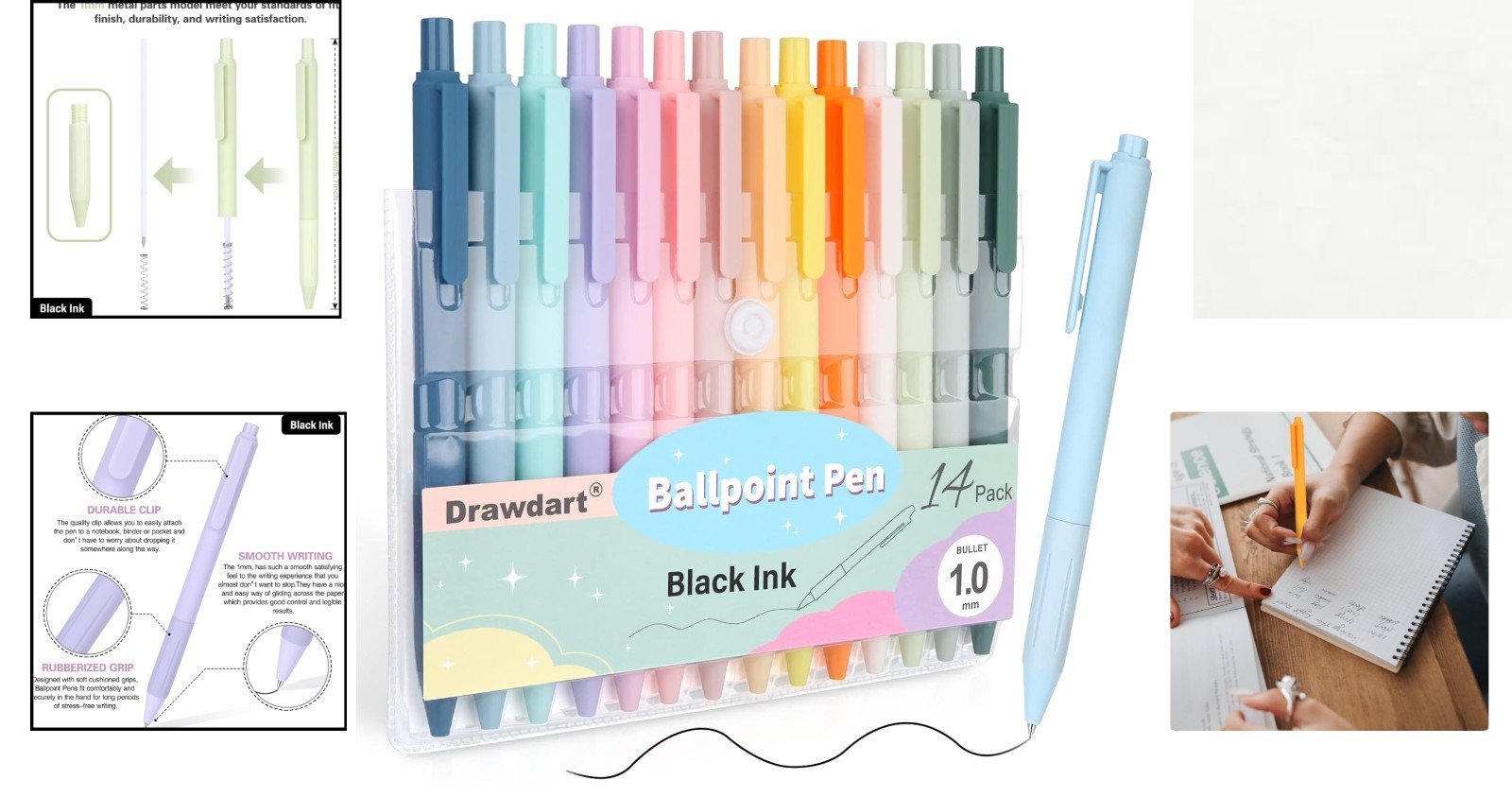 14 Retractable Pastel Ballpoint Pens with Medium Black Ink – Ideal for All Ages