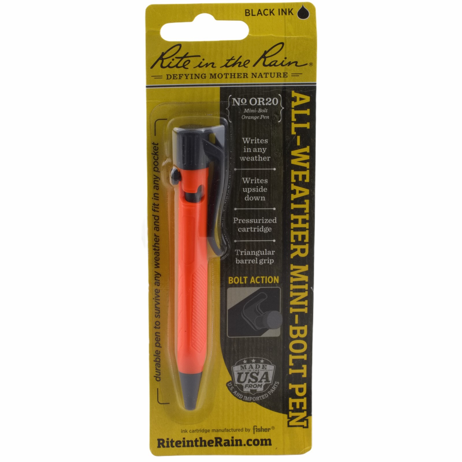 Rite in the Rain Mini Bolt Action Orange Pen 0.9 mm Fine Point Black Ink