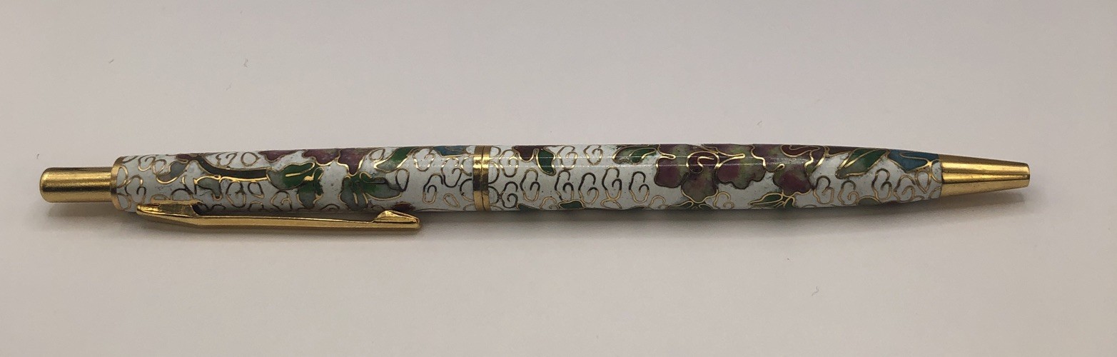 Vintage Chinese Cloisonne Enameled Ball Point Pen in Brocade Box