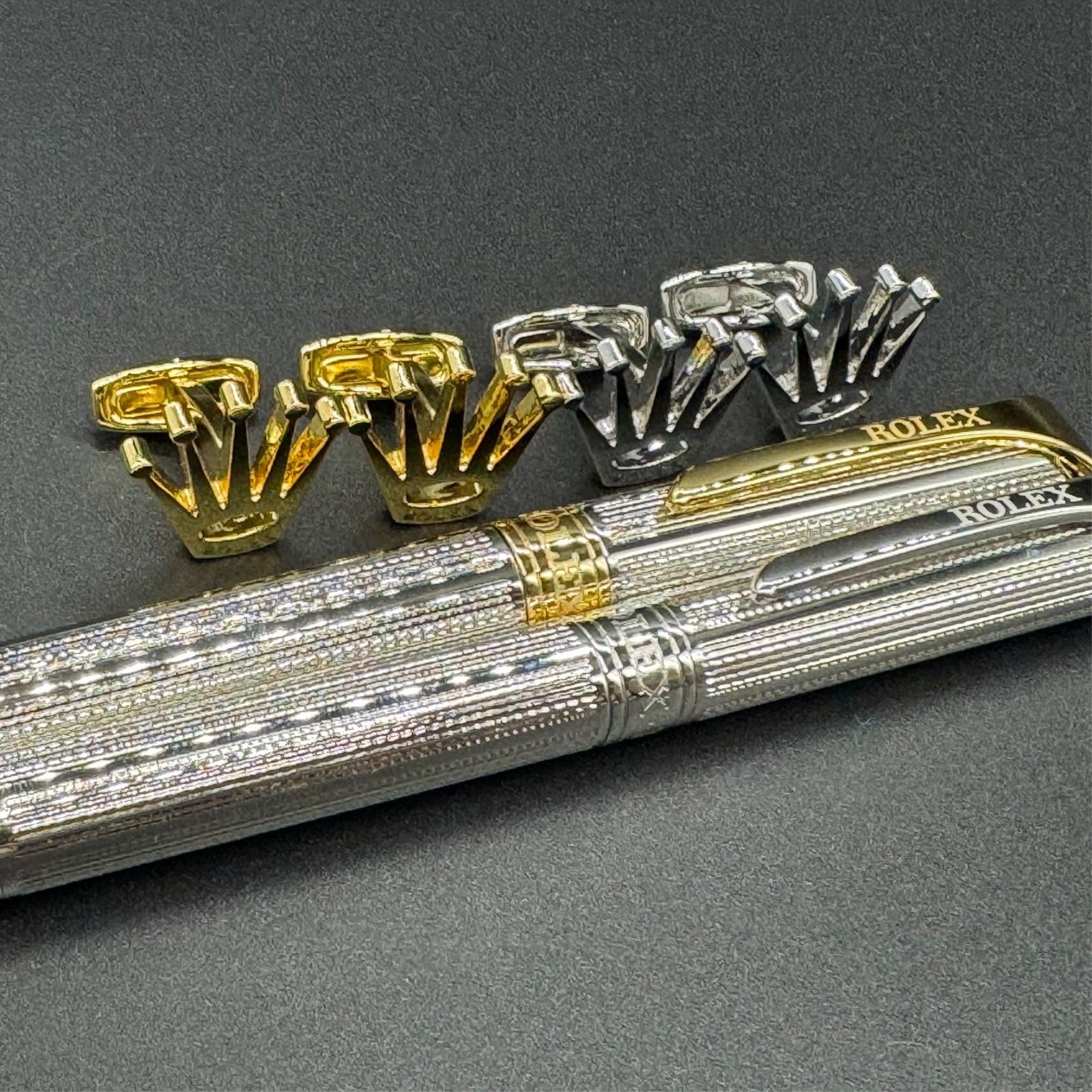 Rolex Logo Gold Silver Tone Ballpoint Pen & Cufflinks Set Unused
