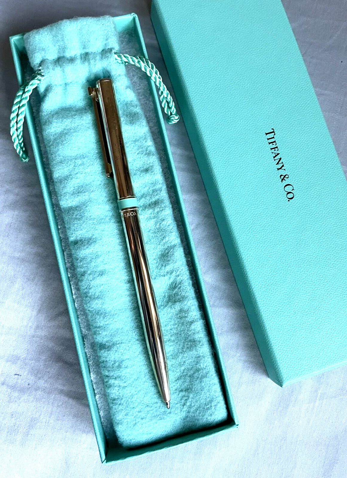 NWOT TIFFANY & CO 925 STERLING SILVER BALLPOINT PEN BLUE ENAMEL RIM NEVER USED