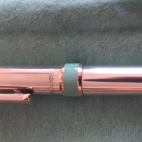 Tiffany & Co Sterling Silver Blue Enamel Stripe T Clip Black Ink Pen w/ pouch