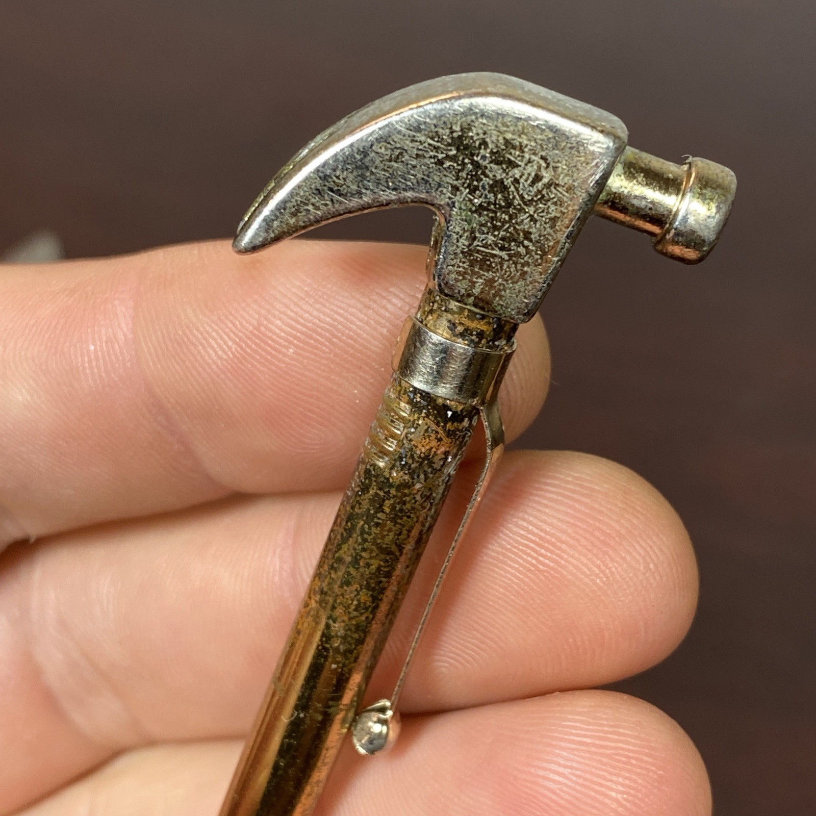 Vtg GOLD TOLD Brass Mini Carpenter HAMMER BALL POINT PEN POCKET CLIP USA Novelty