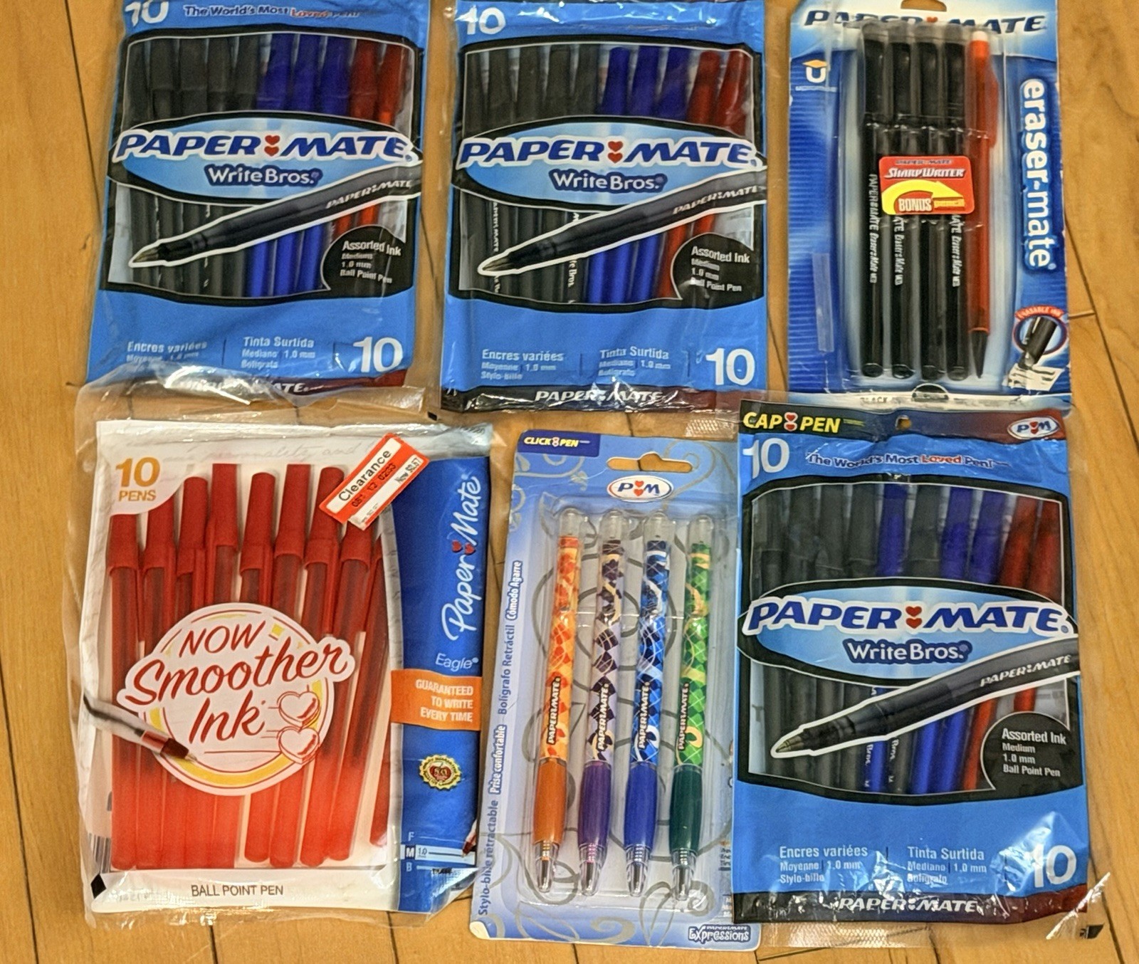 Papermate Lot 6 Packages Y2K Pens Red Blue Black Green Purple Eraser 2000s NOS