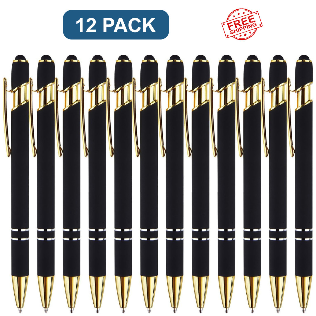 12 Pack Black Gold Ballpoint Pen with Stylus Tip 1.0 Mm Black Ink Smooth Writing