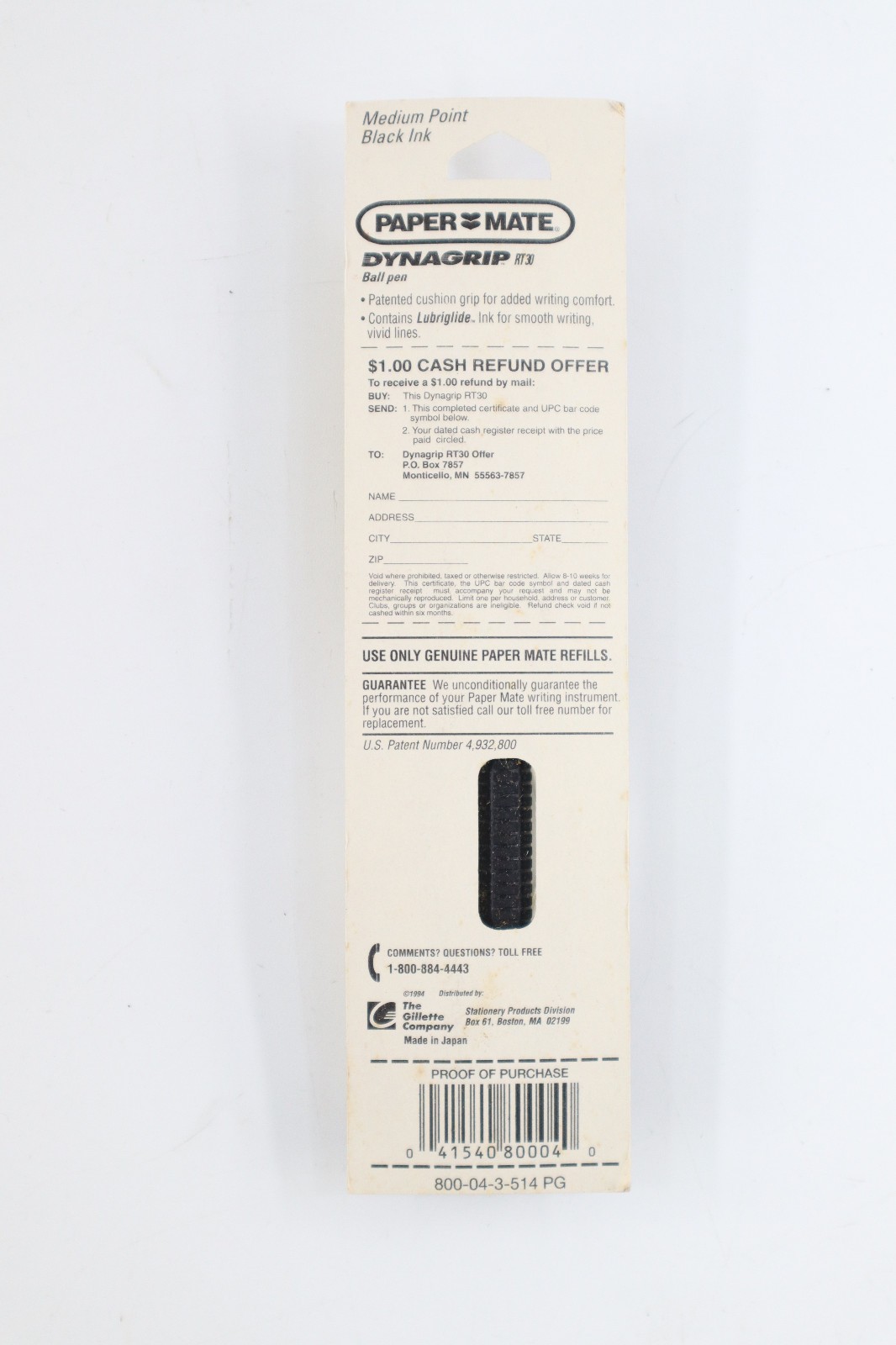 Paper Mate DYNAGRIP RT30 Ballpoint Pen Black, Md Point Double Heart 1994
