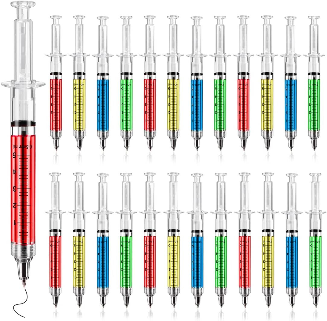 Syringe Pens Bulk – 24 Pack Multicolor Black Ink Novelty Pens for Nurse Gifts, O