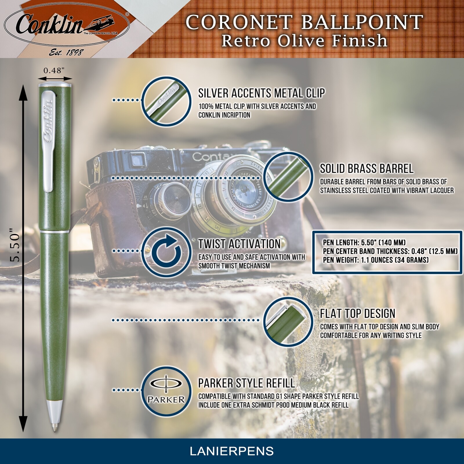Conklin Coronet Ballpoint Pen – Olive, With Medium Tip (CK71835)