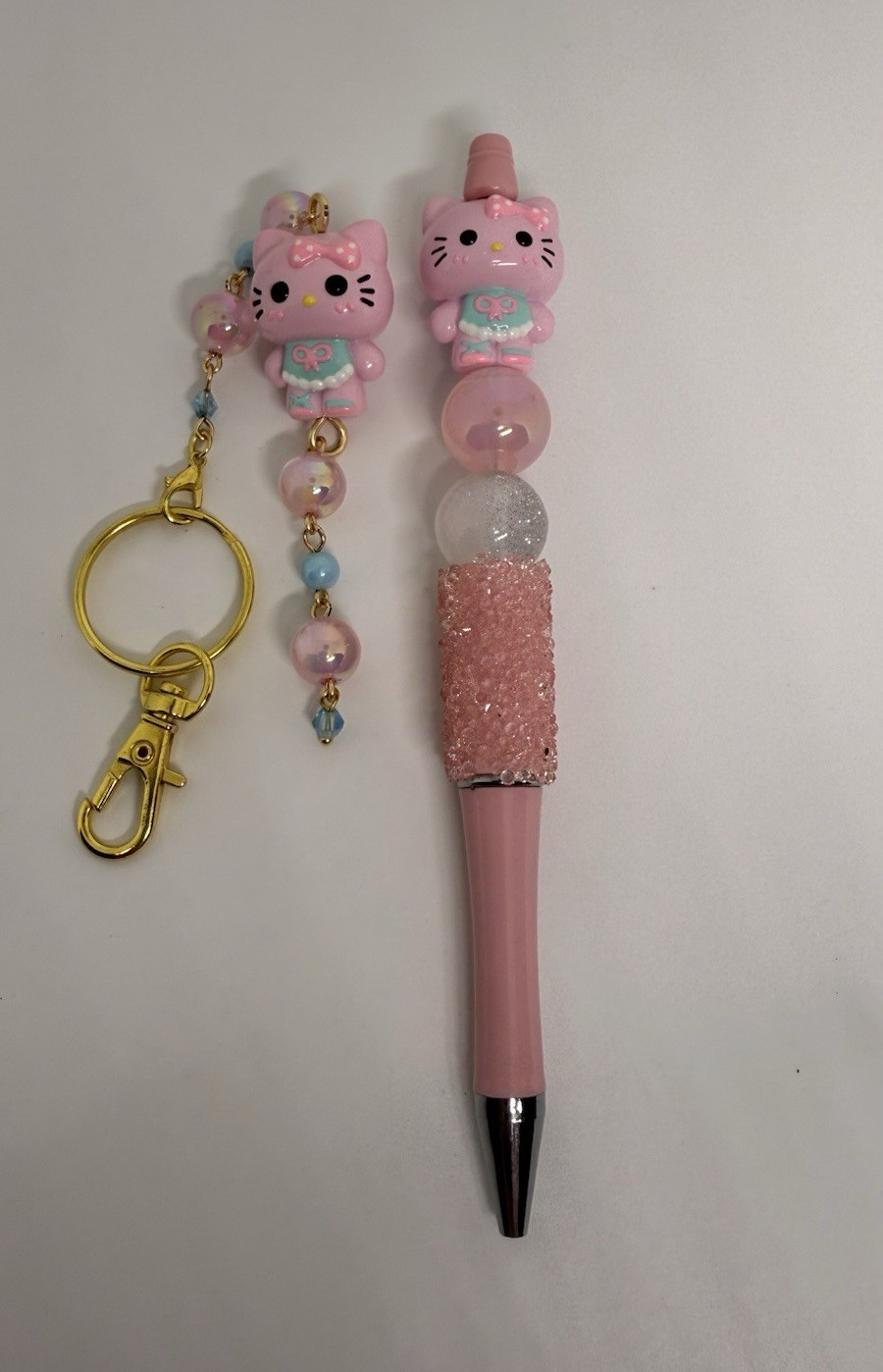 Pink Hello Kitty Style Cat Charm Ballpoint Pen, Black Ink, Keychain