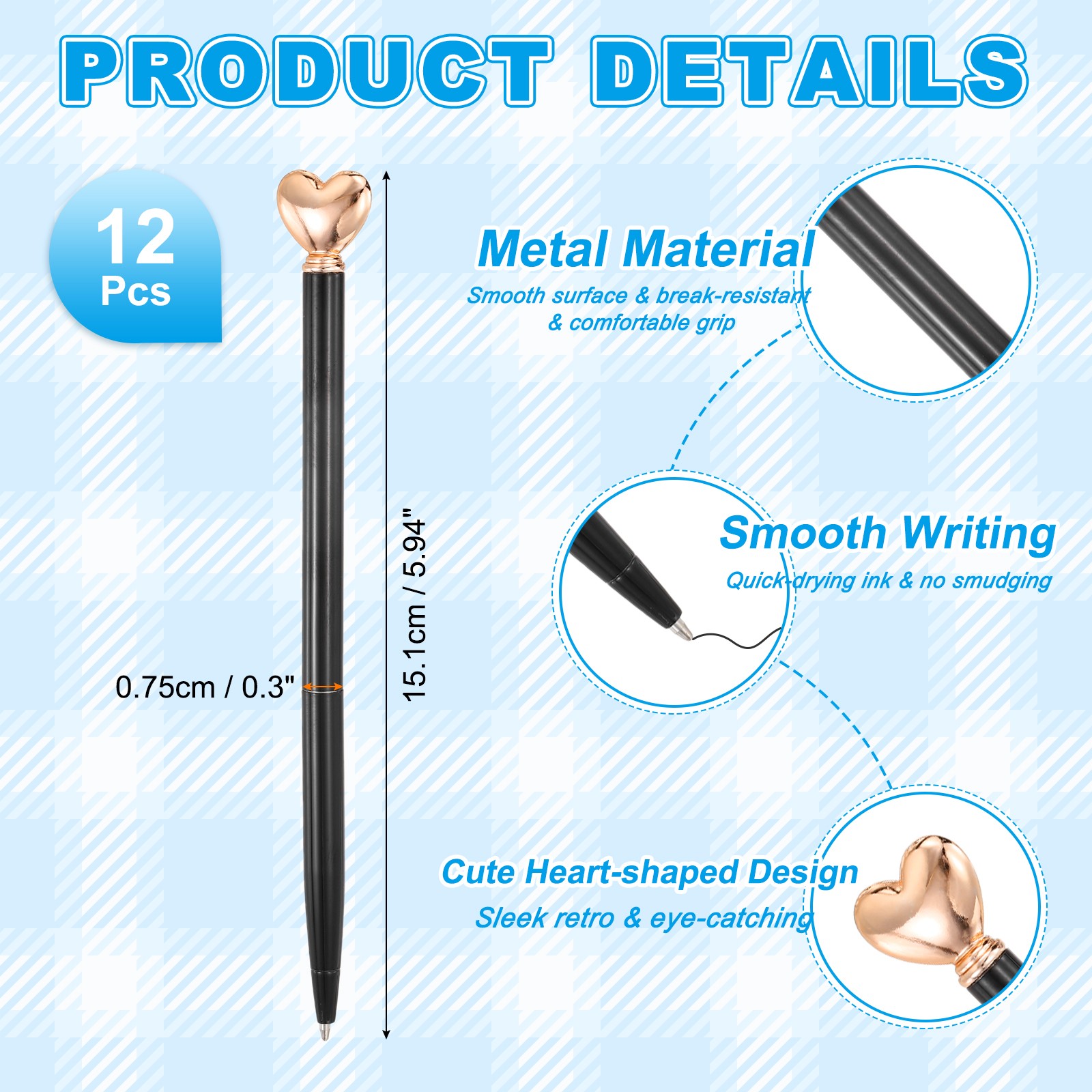 Heart Pens 1.0 mm Black Ink, 12 Pcs Metal Cute Pens Ballpoint, Black/Rose Gold