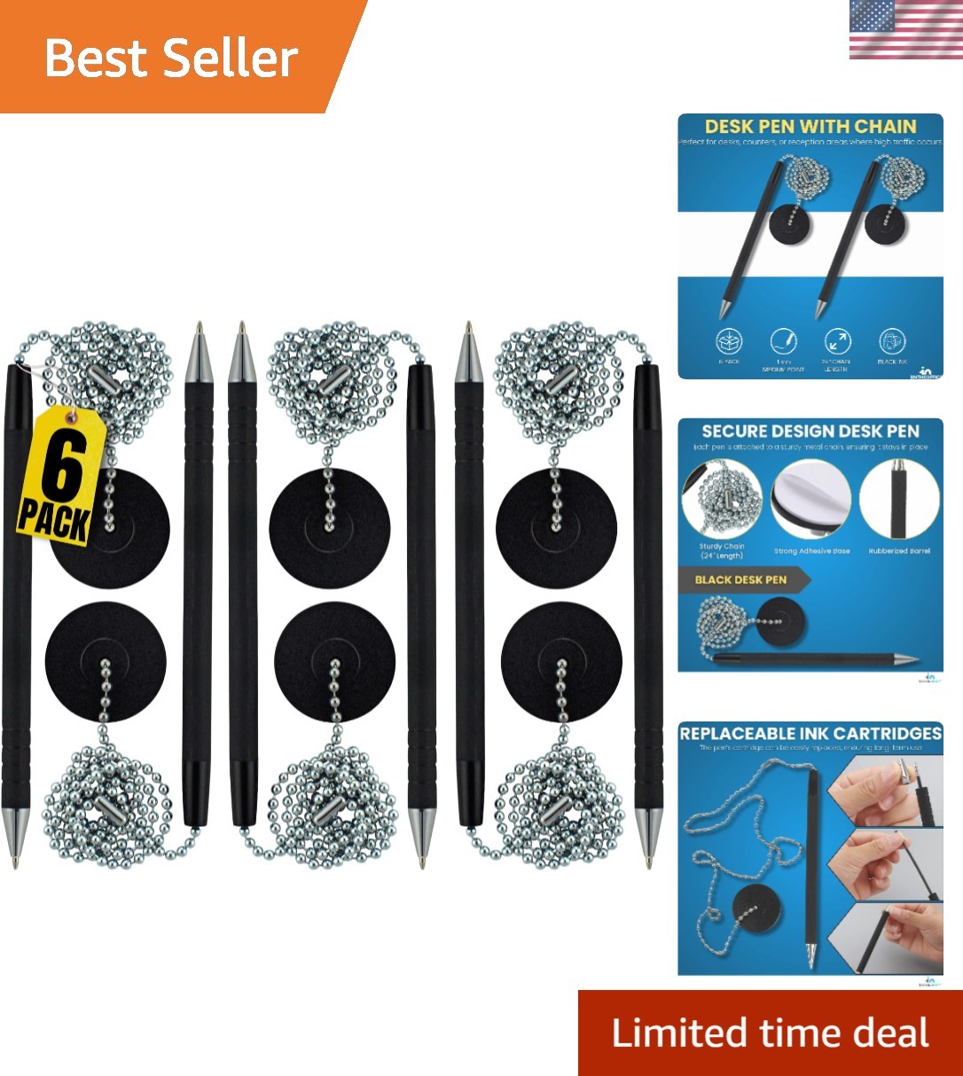 Pen with Chain, Counter Security Pen, Adhesive Round Pad, Black, 6 Pack