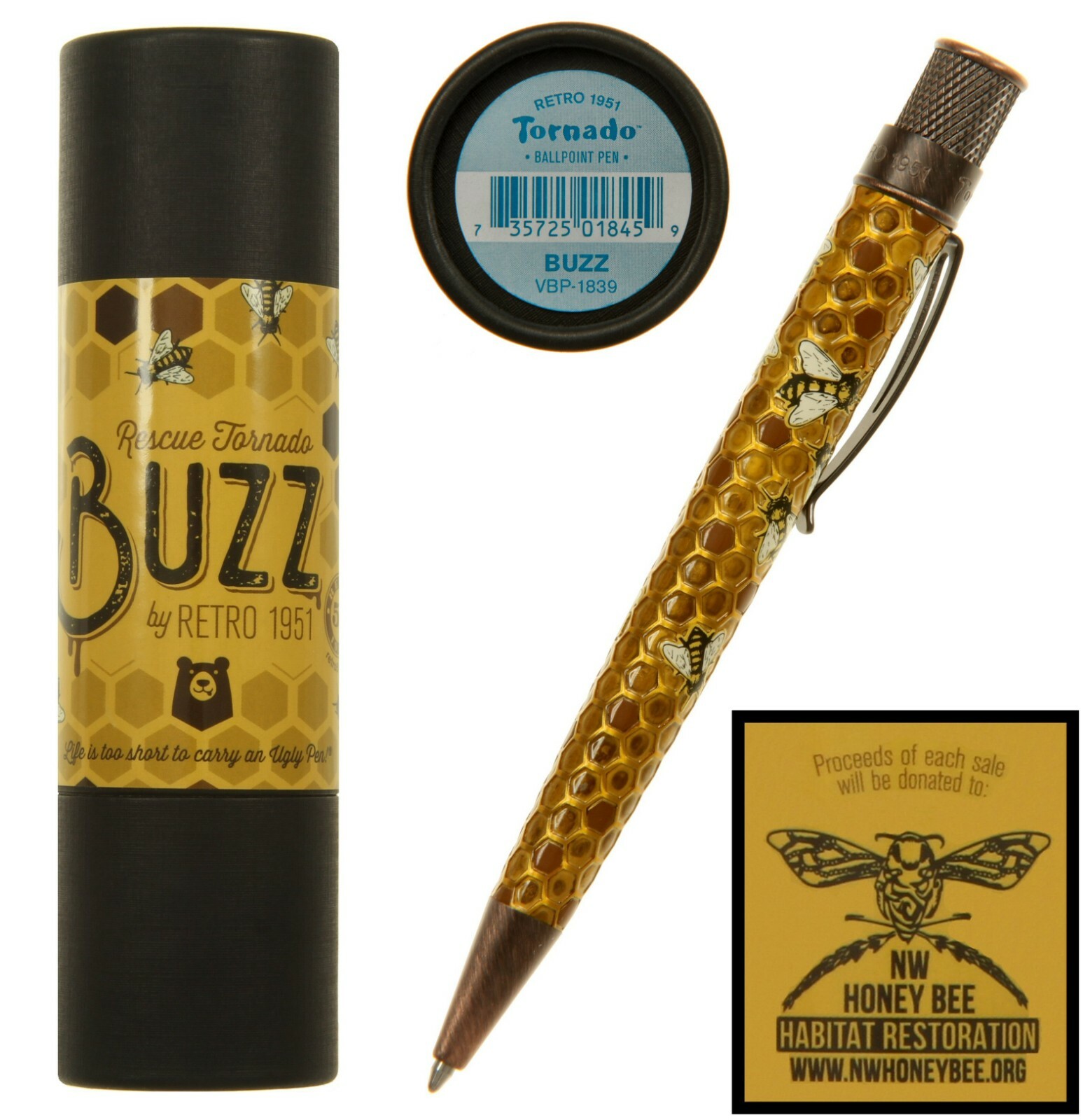 Retro 51 #VBP-1839 / «BUZZ» Acid Etched Honey Bees Tornado Ballpoint Pen