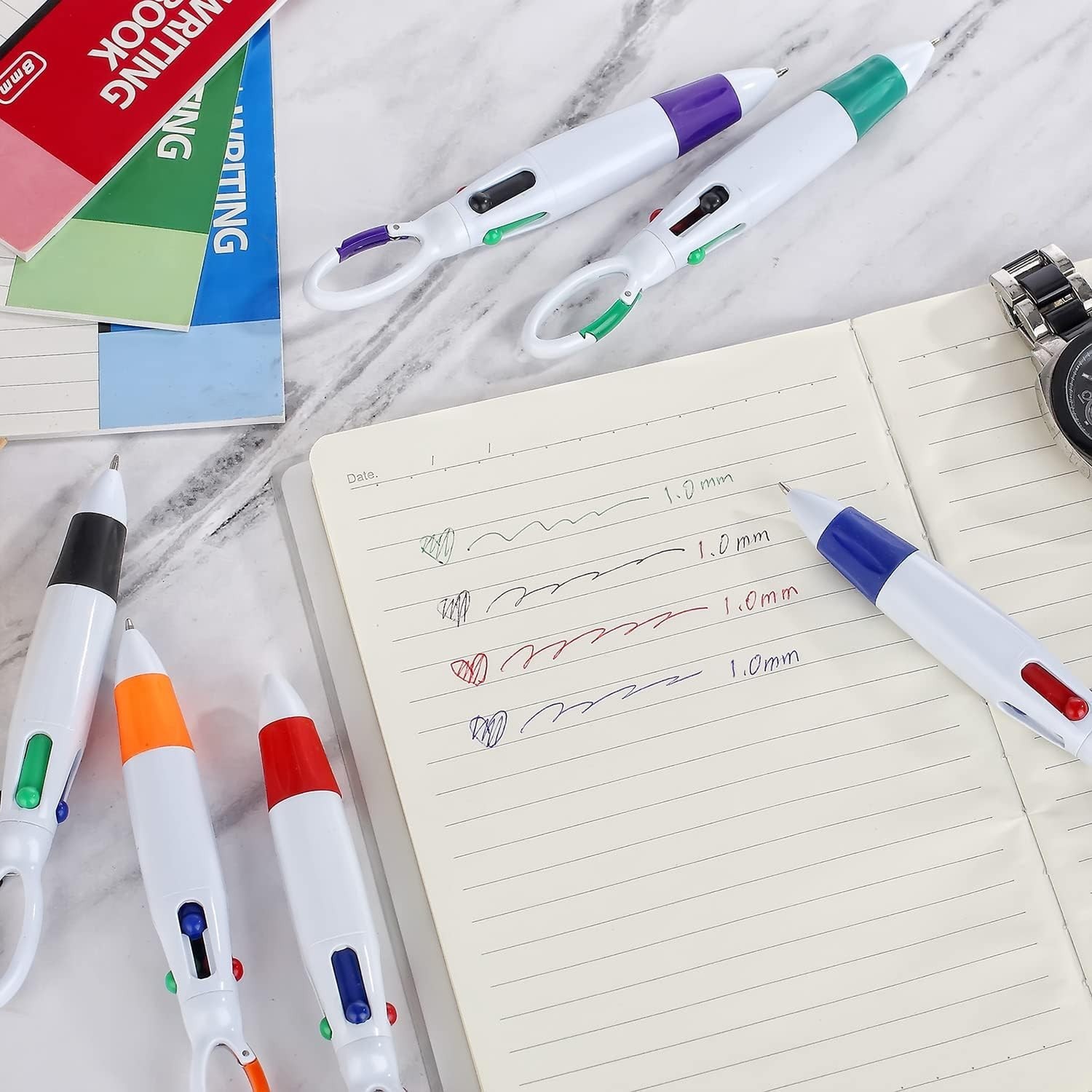 12 Count Retractable 4-in-1 Multicolor Ballpoint Pens with Carabiner Clip