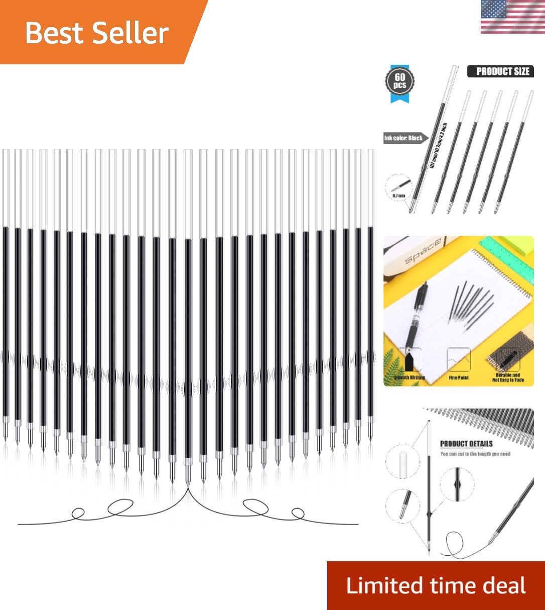 Reliable 60 Pcs Black 0.7 mm Pen Refills for All Writing Tasks – Office & School
