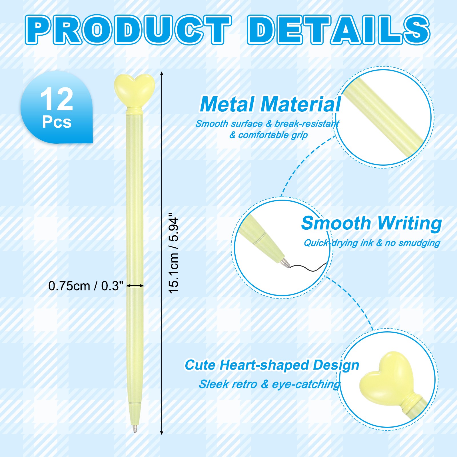 Heart Pens 1.0 mm Black Ink, 12 Pcs Metal Cute Pens Ballpoint, Yellow