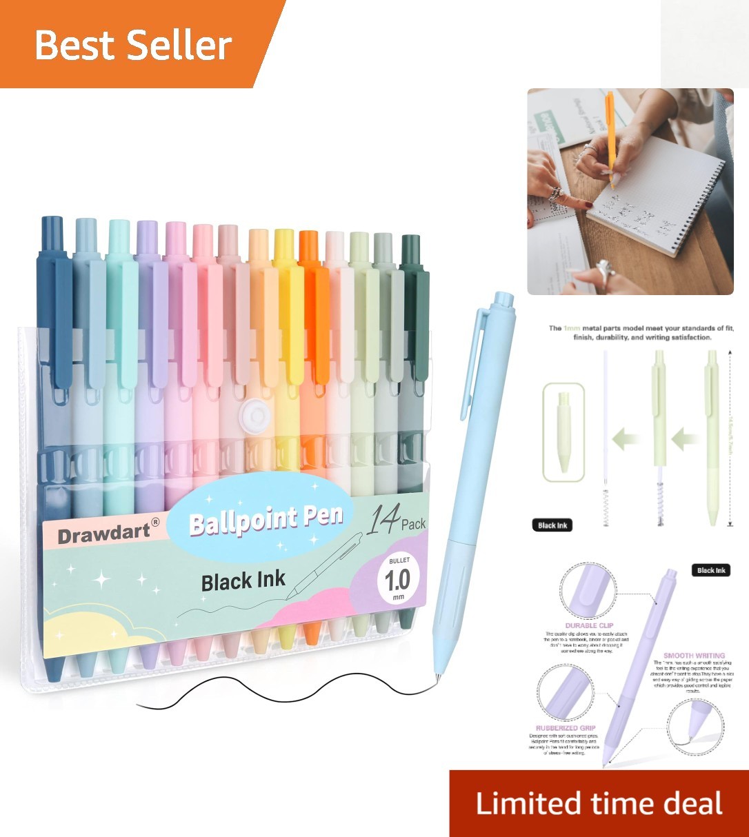 14 Retractable Pastel Ballpoint Pens with Medium Black Ink – Ideal for All Ages
